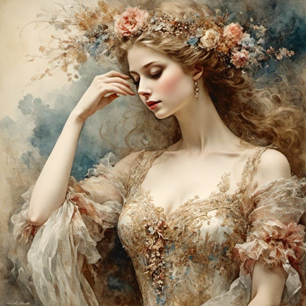 Beautiful Woman in Antique Watercolor Style