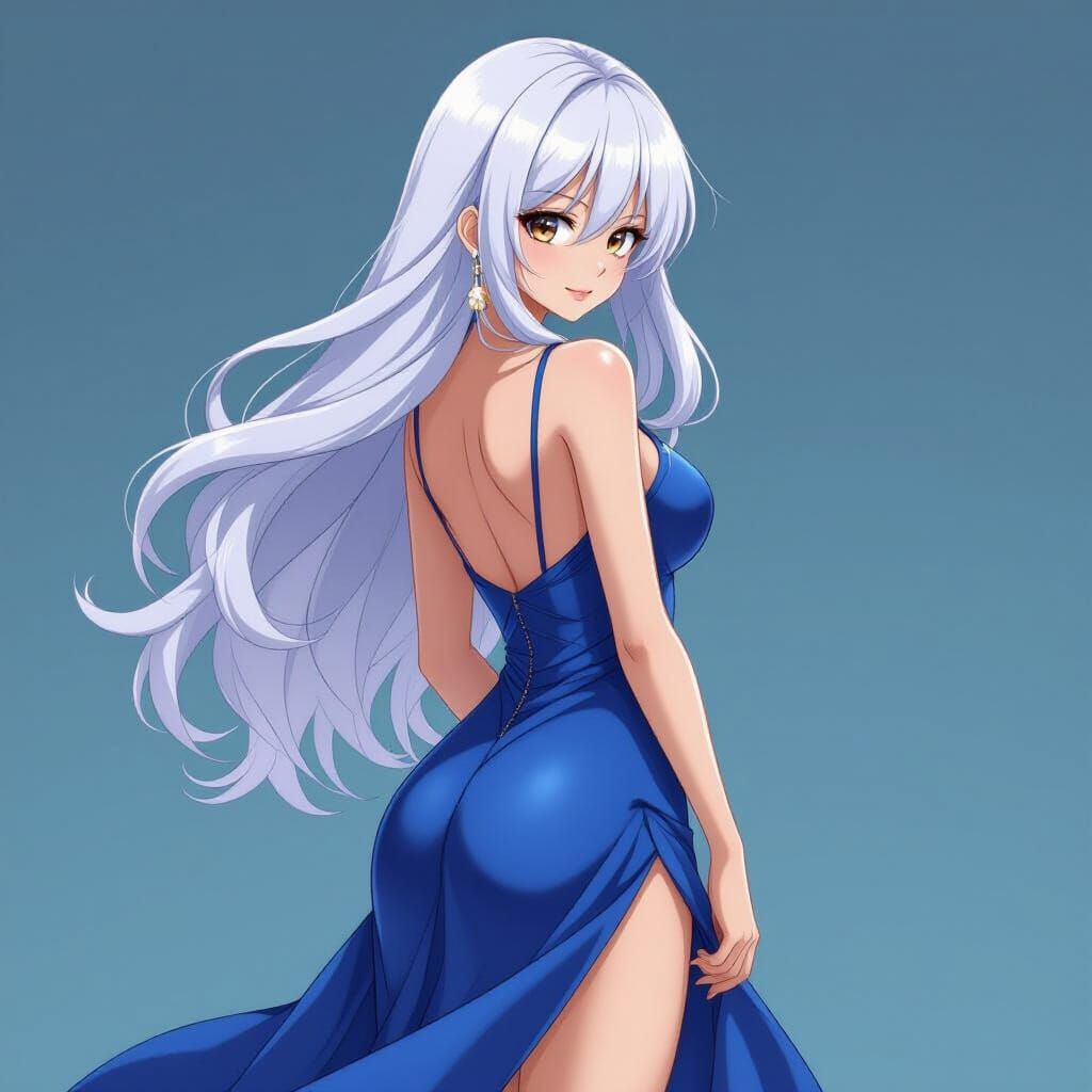 Anime Woman in Blue Dress, Delicate Art Style