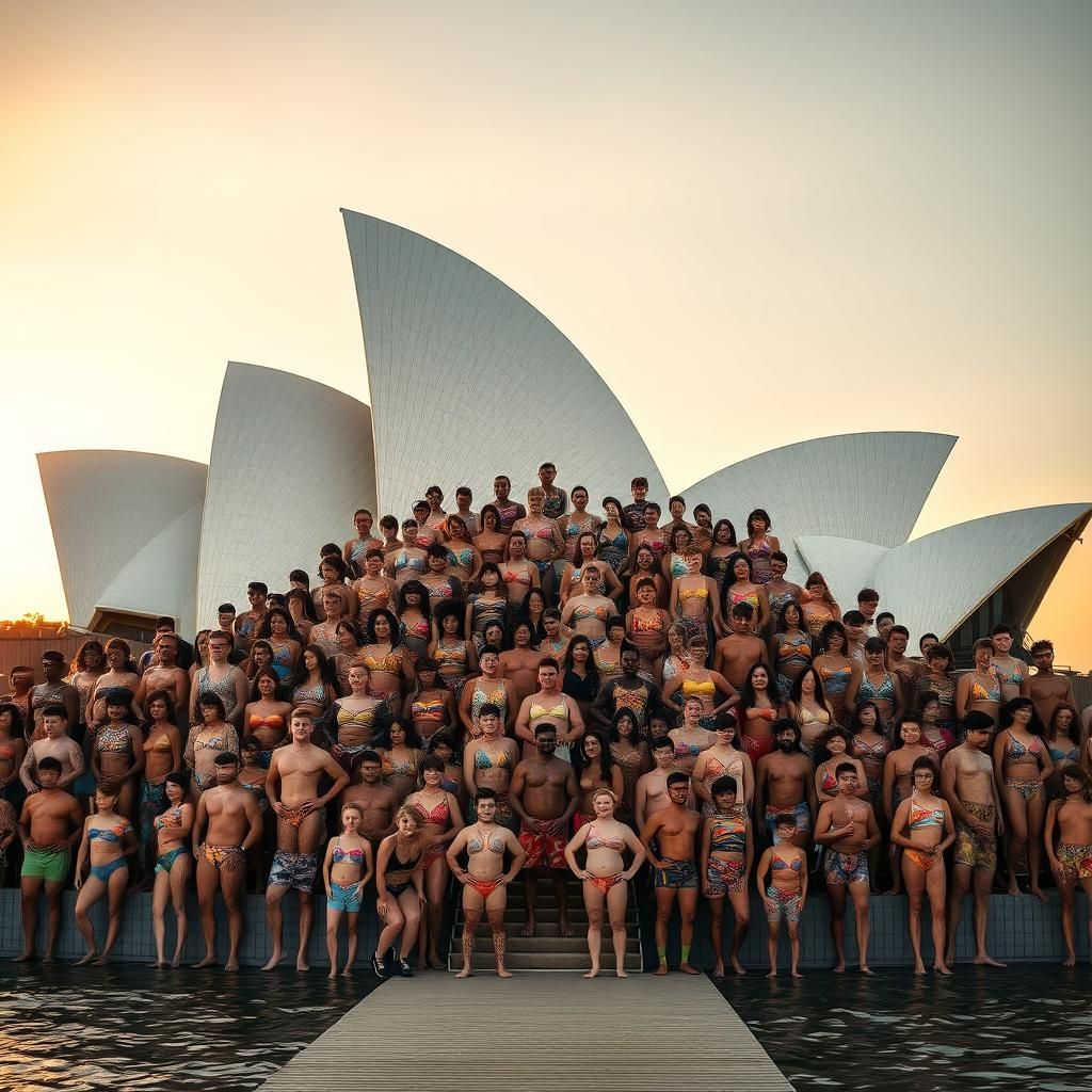 Majestic Feline Castle Formed by Swimmers at Sunset