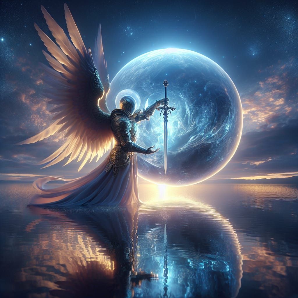 Winged Knight Reaching for Sword Above Lake