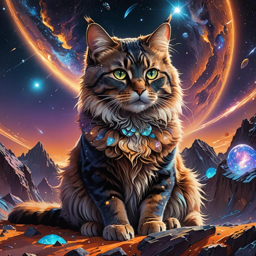 Regal Galaxy Cat on Asteroid in Digital Art