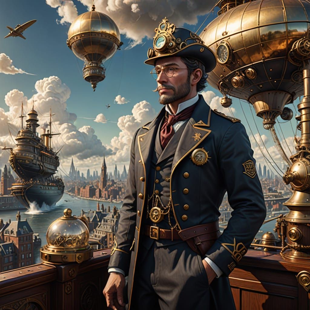 steampunk Michelin airship and elf captain with a monocle and a brass helmet stands proudly on the deck of his vessel, o...