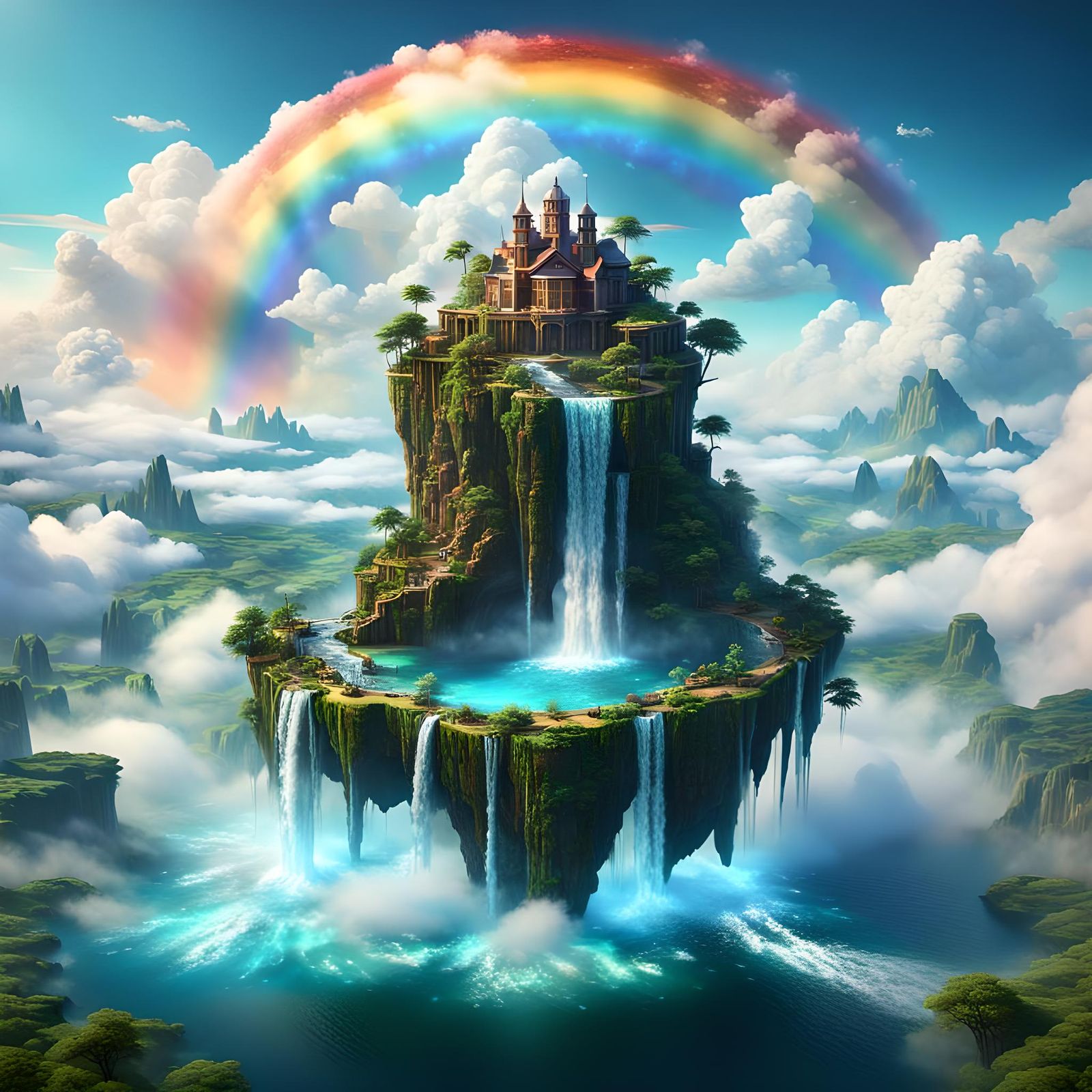 Floating Island with Waterfalls: A Cosmic Digital Painting