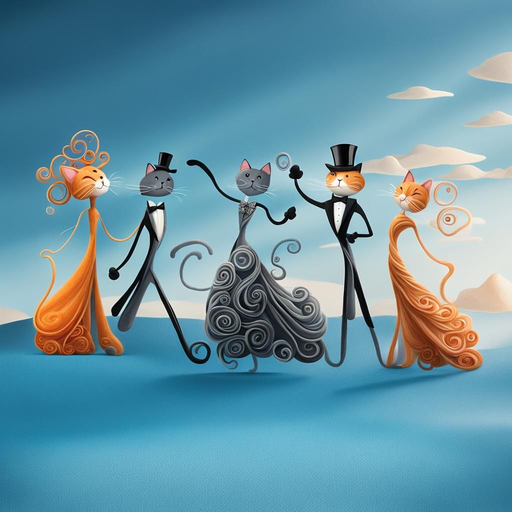 One whimsical tall thin ORANGE TABBY cat stick figure with long swirly upswept hair wearing a gown, one GRAY cat stick f...