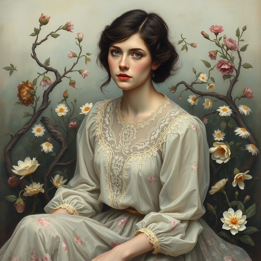 Elegant Portrait of Sylvia Plath in Whimsical Floral Landsca...