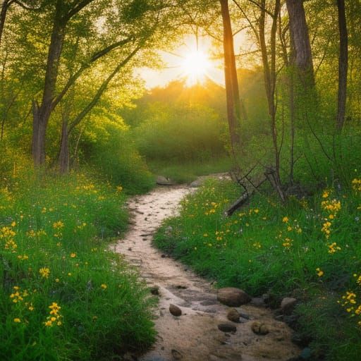 Sunlit Hiking Trail with Wildflowers