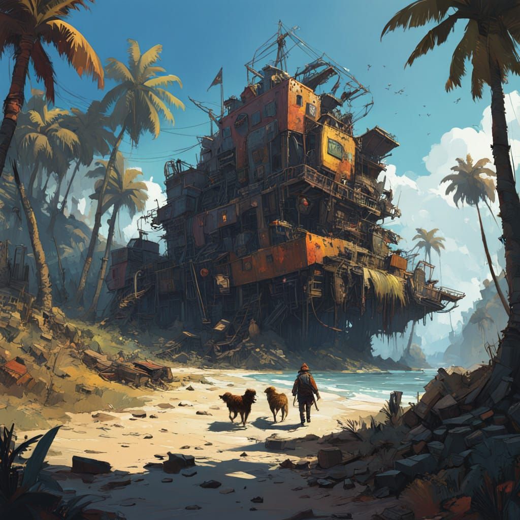 Surreal Beach Scene with Happy Dogs in Vibrant Colors