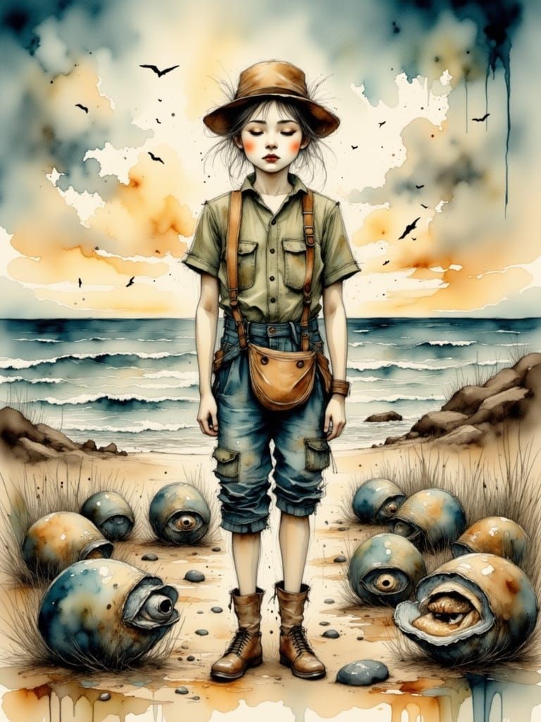 Whimsical Beach Scene with Charming Carpenter and Oysters