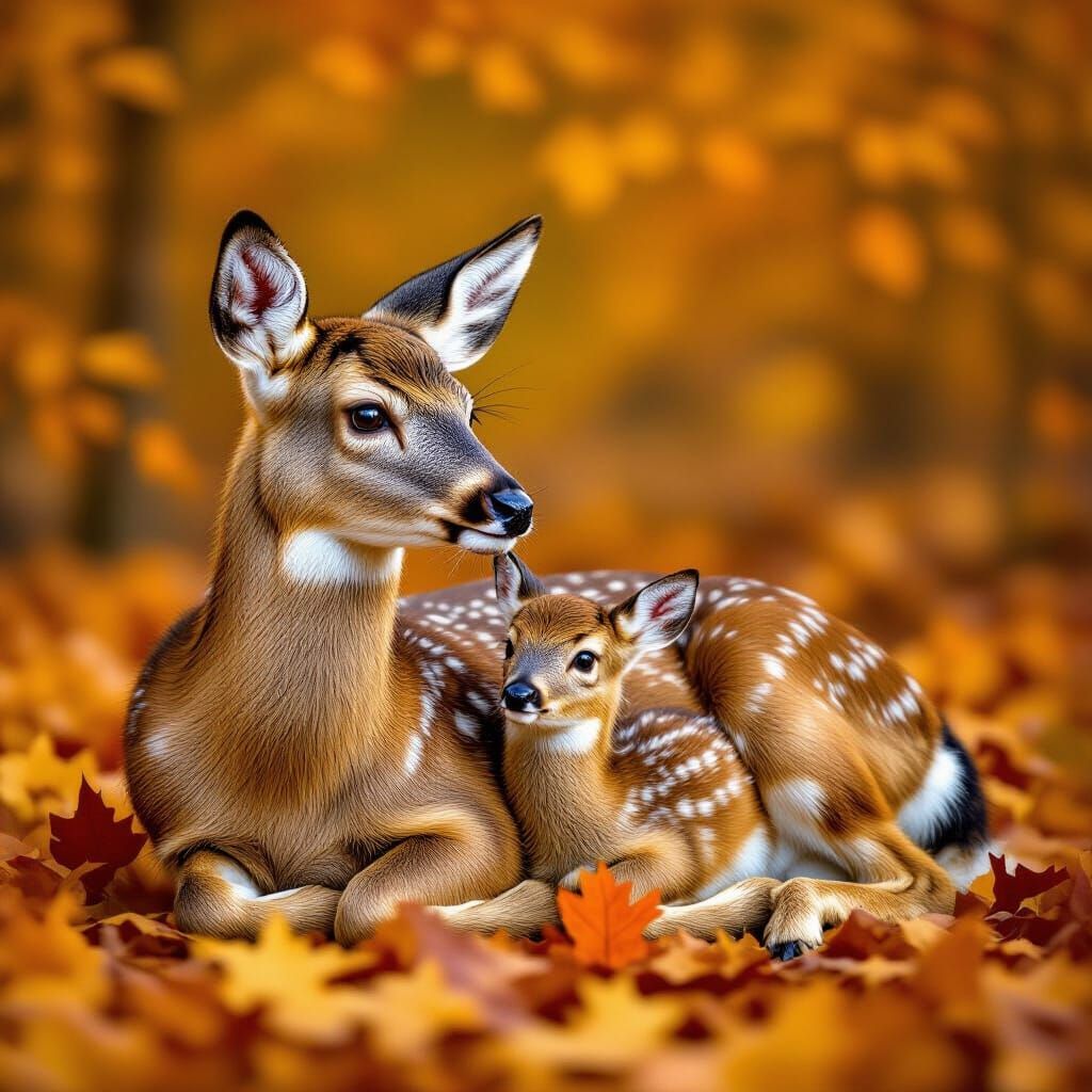 Doe and Fawn in Autumn Forest, in Realistic Style