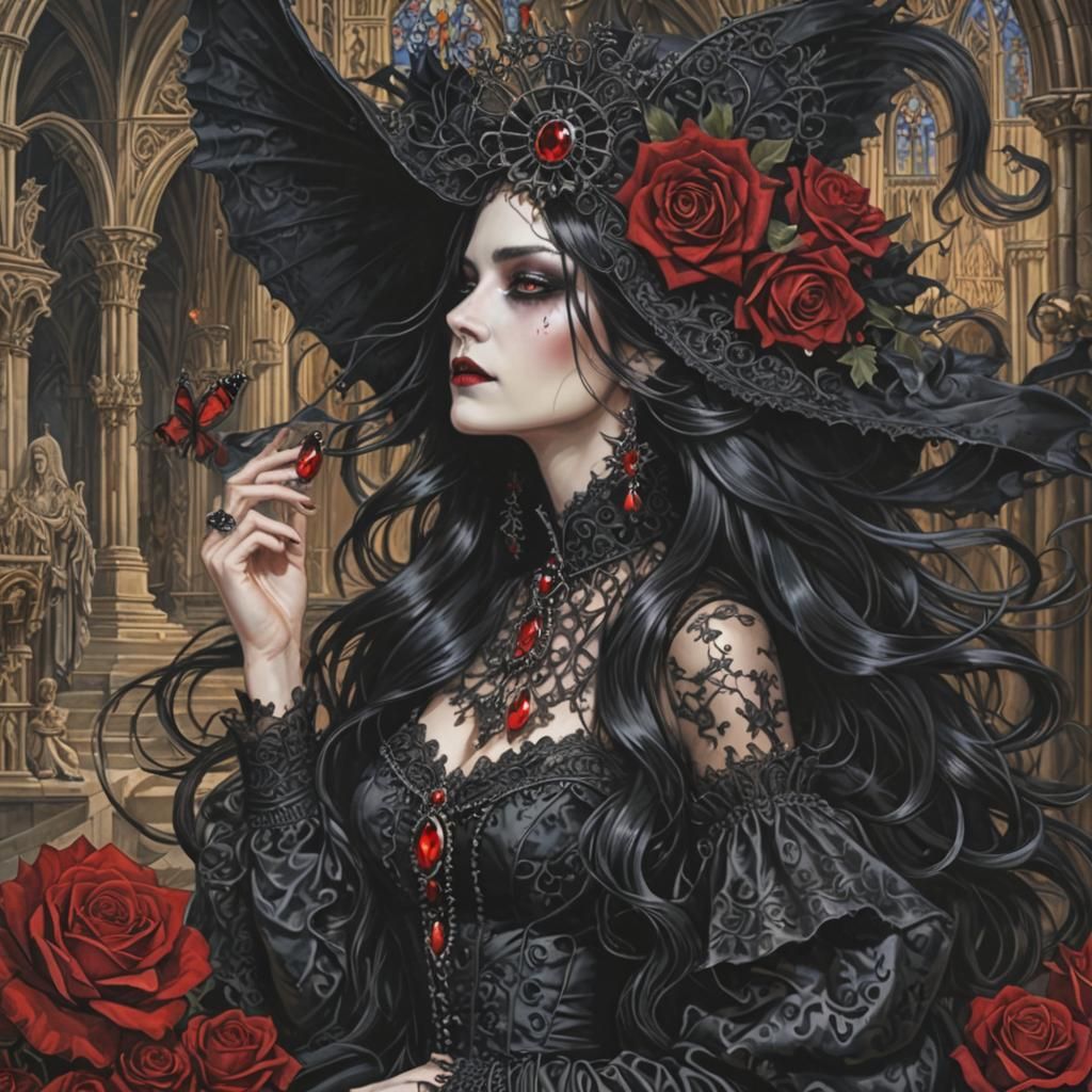 Gothic Figure in Ornate Dress at Cathedral