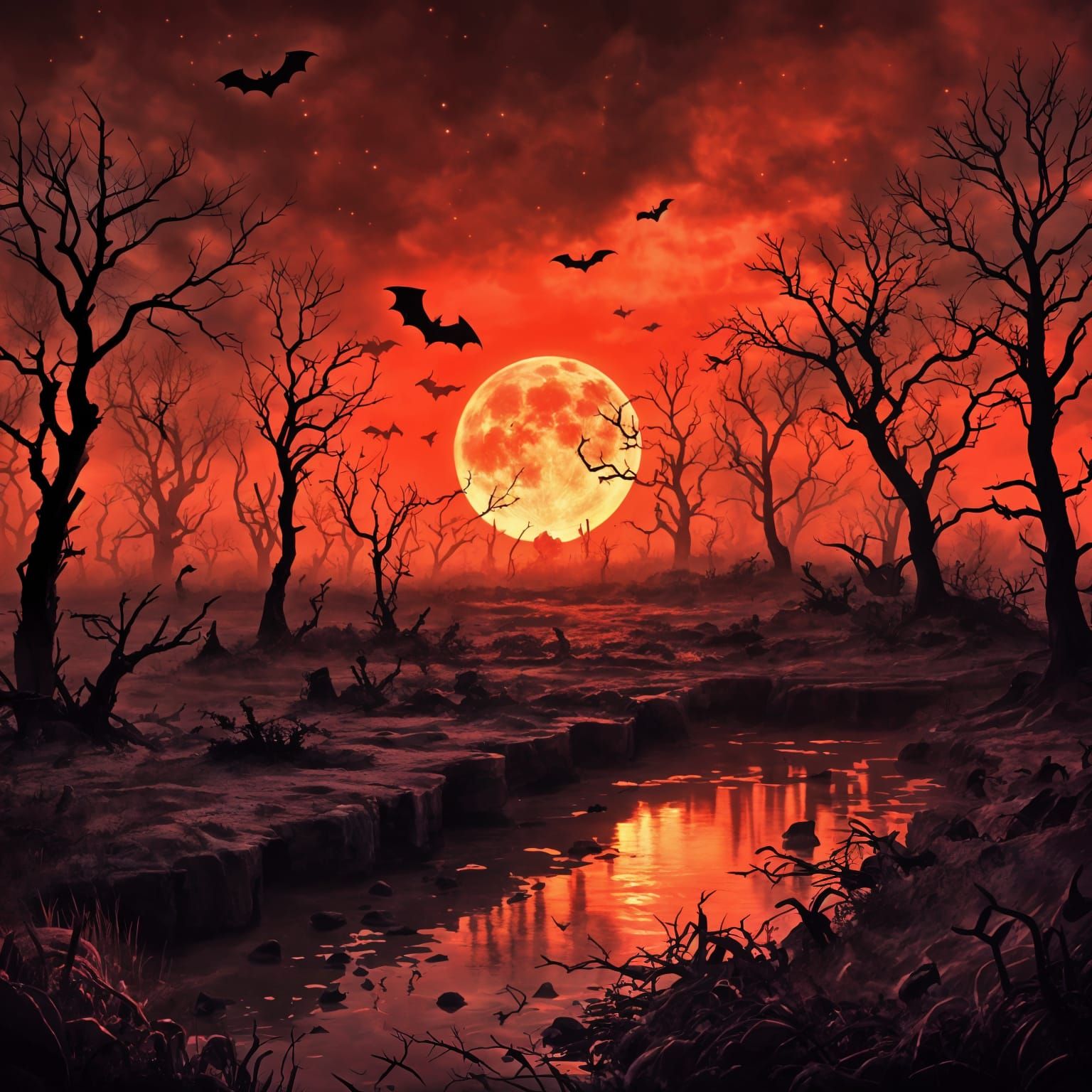 Neon Red Sepia Sunset Horror Scene