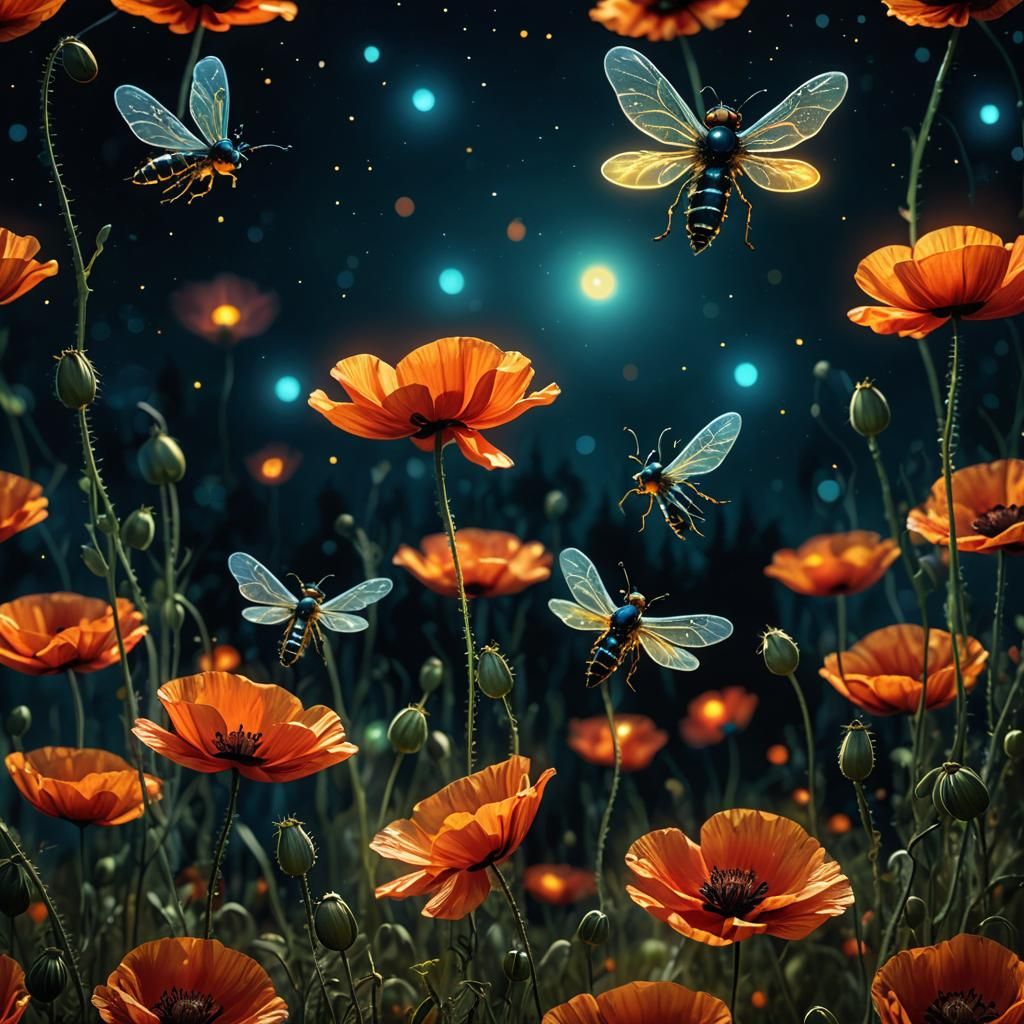 Opalescent Fireflies Hovering Above Poppy, Deep Color Concep...