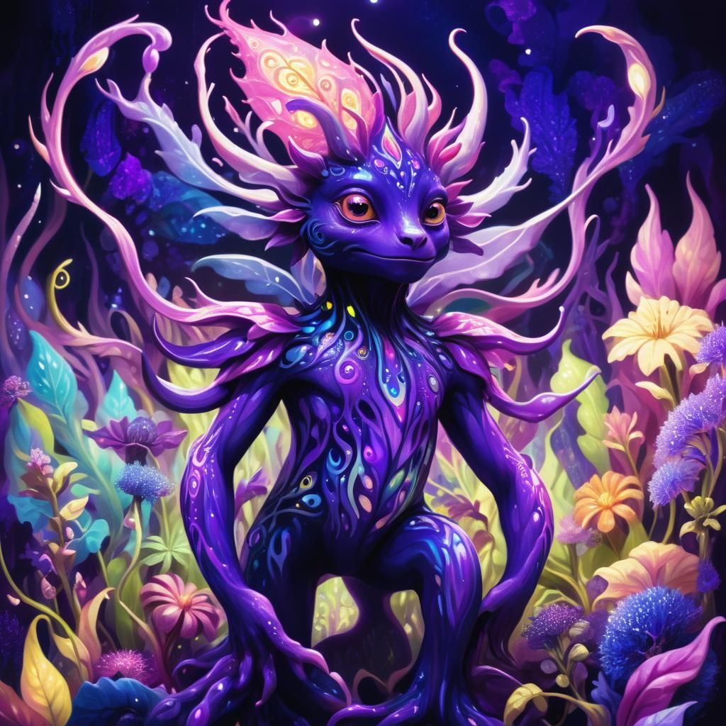 Fantastical Purple Creature in Bioluminescent Dreamscape