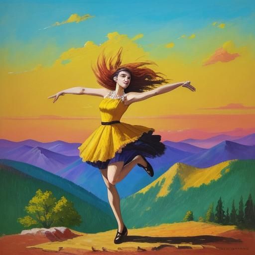 Impressionistic Woman on Mountain Peak at Sunset