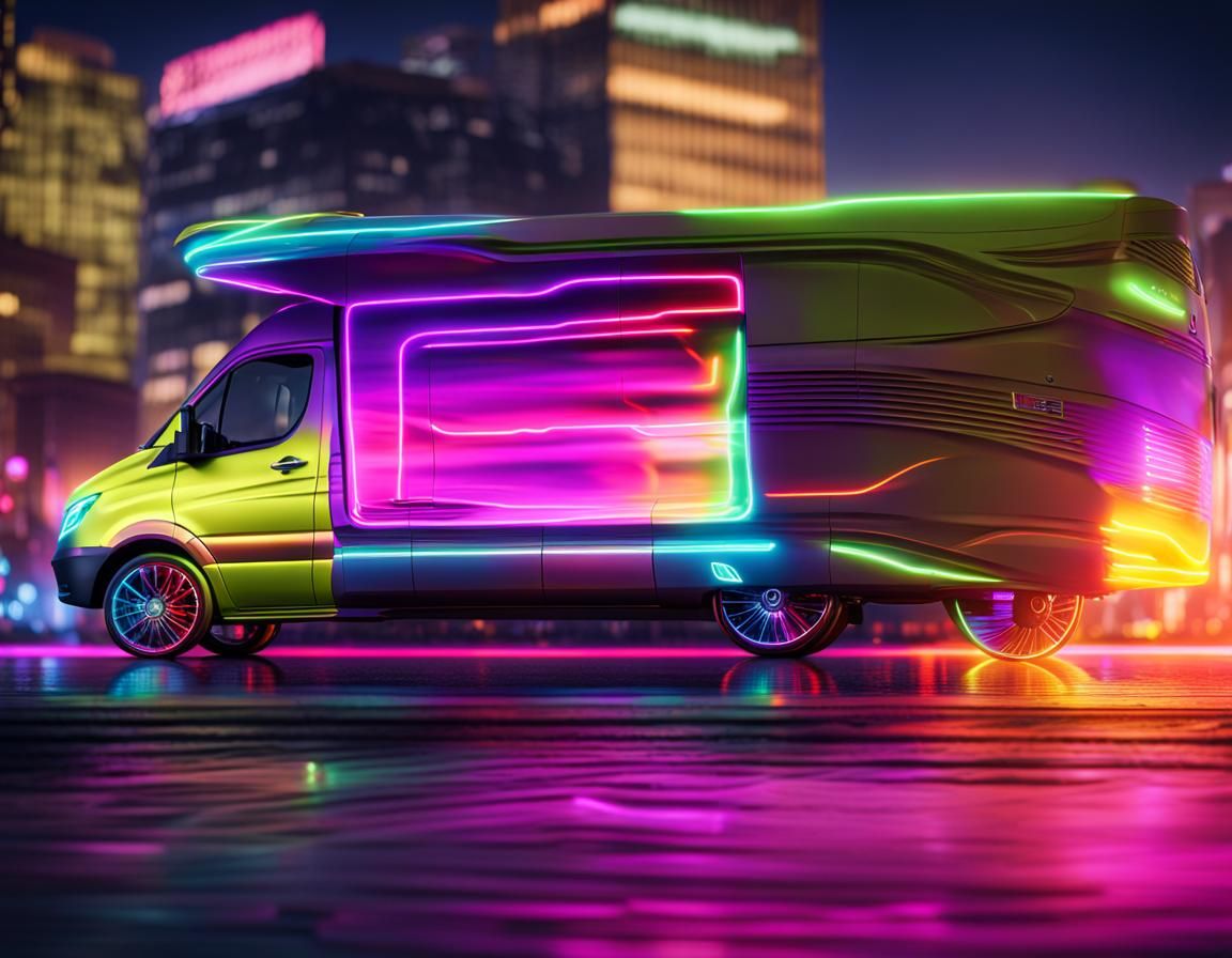 Futuristic Mercedes Van Speeds through Neon Cityscape in Cyb...