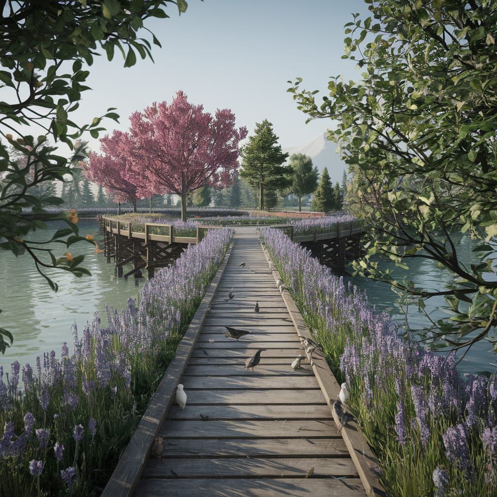 Picturesque Bridge Scene with Trees, Flowers, and Birds