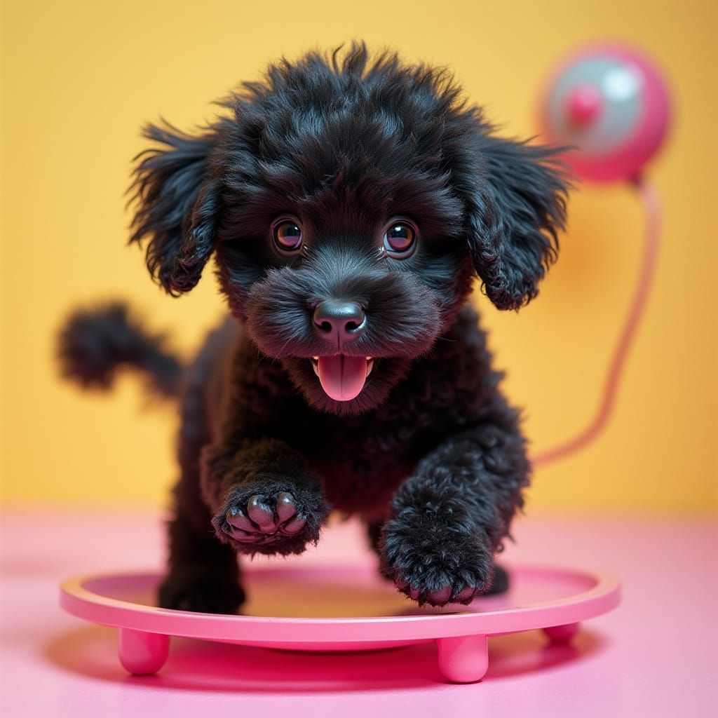 Hyper-Realistic Toypoodle Running on a Pink Hamster Wheel