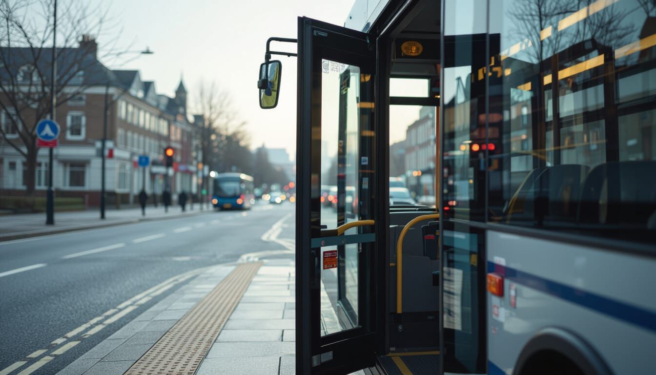 UK Bus Door Opening: Cinematic Photorealistic Image