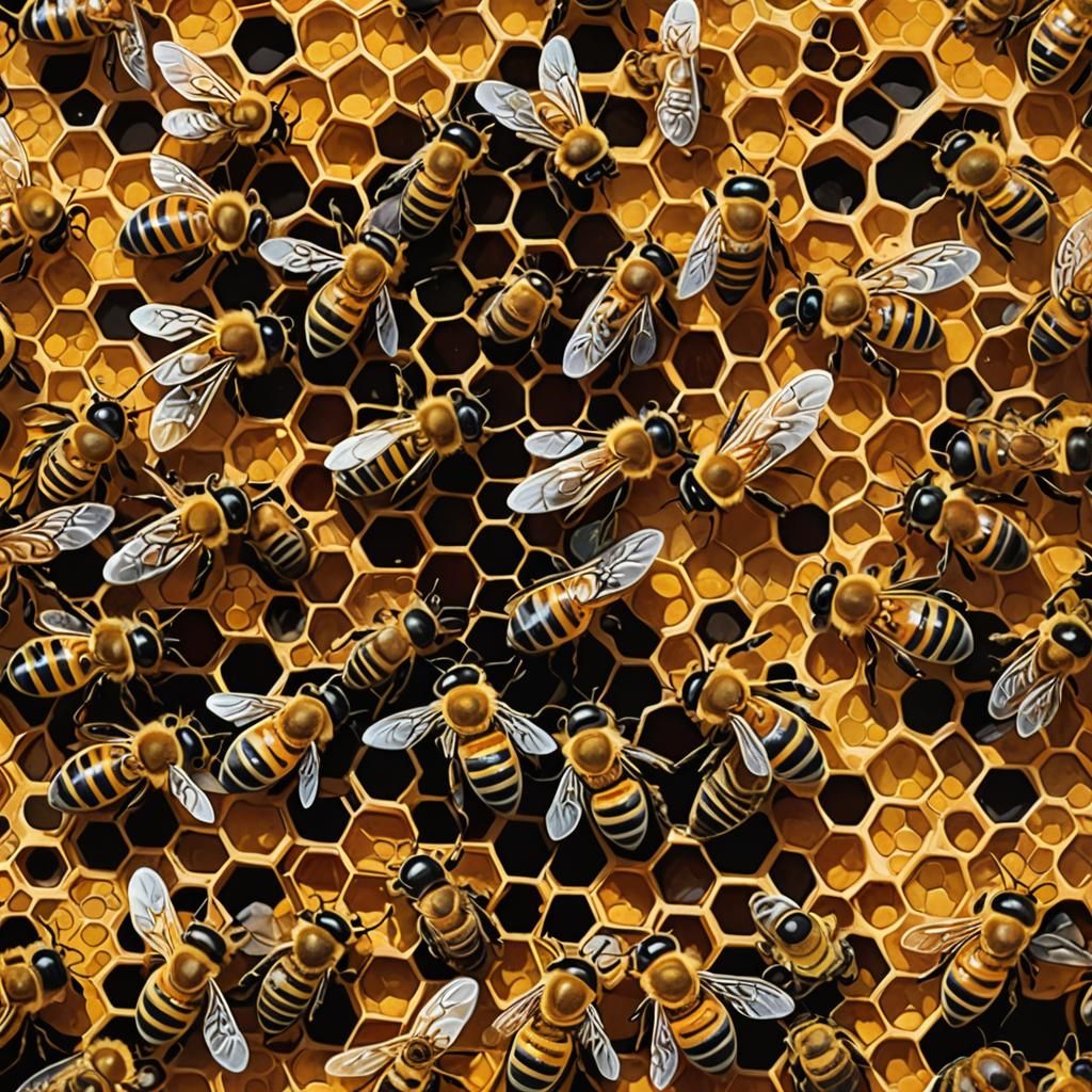 Bees in Honeycomb: Elaborate Oil Painting