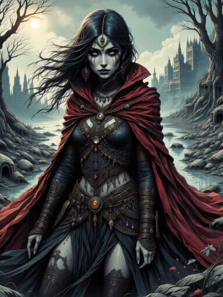 Dark Fantasy Goddess of Chaos Reigns Over Ruined Shore