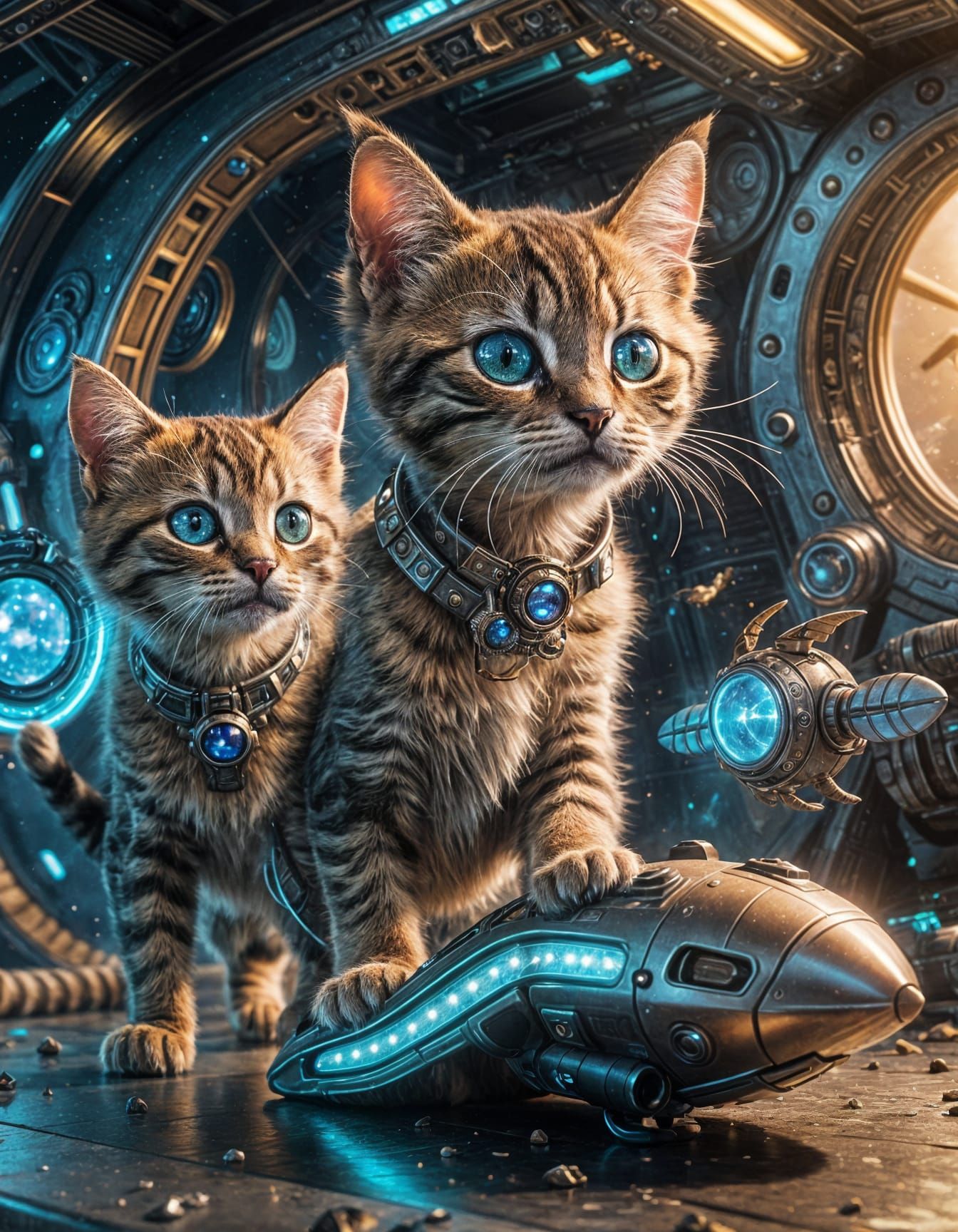 Futuristic Kitten Playtime Amidst Steampunk Ruins