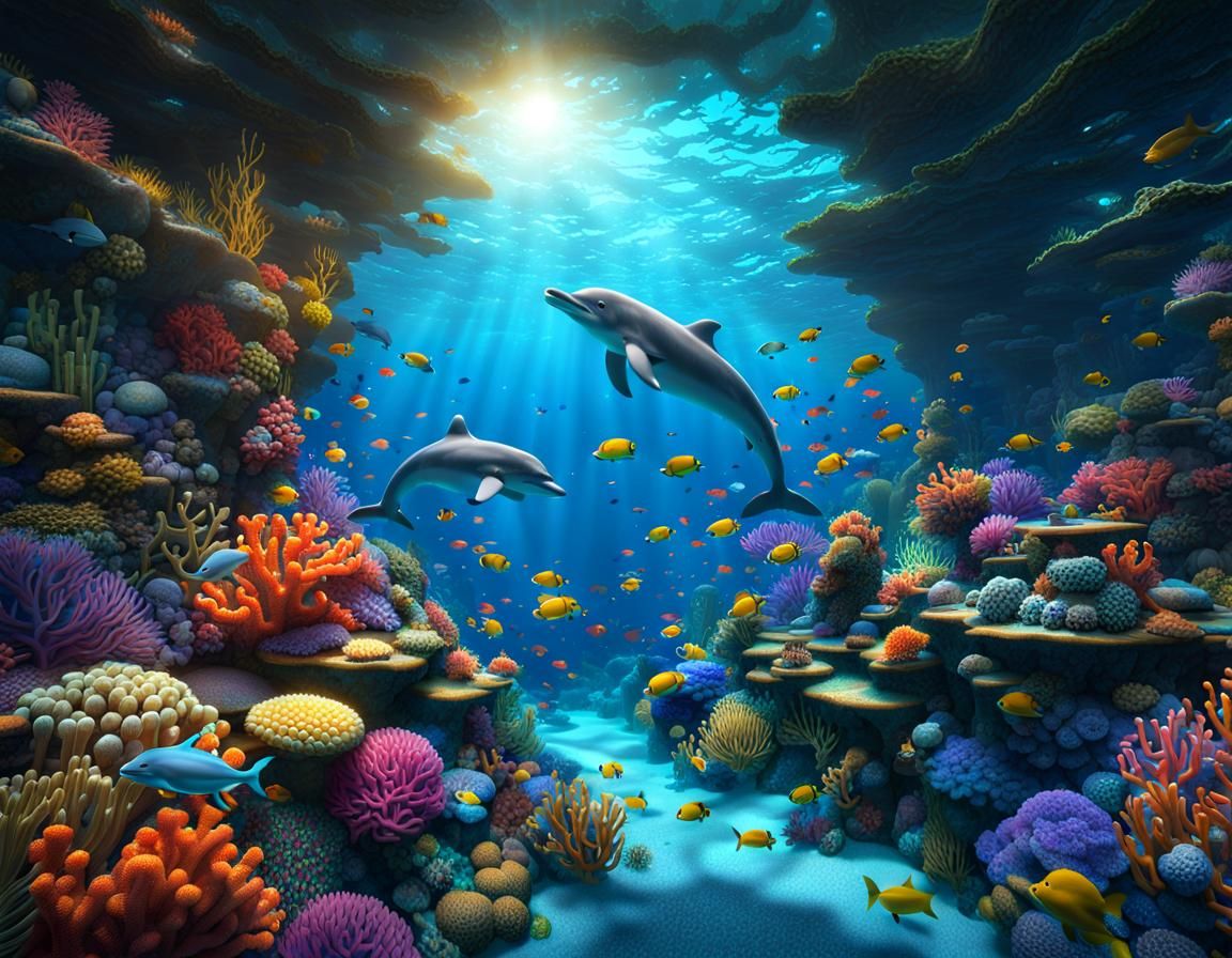Baby Dolphin in Underwater Mosaic Coral Reef