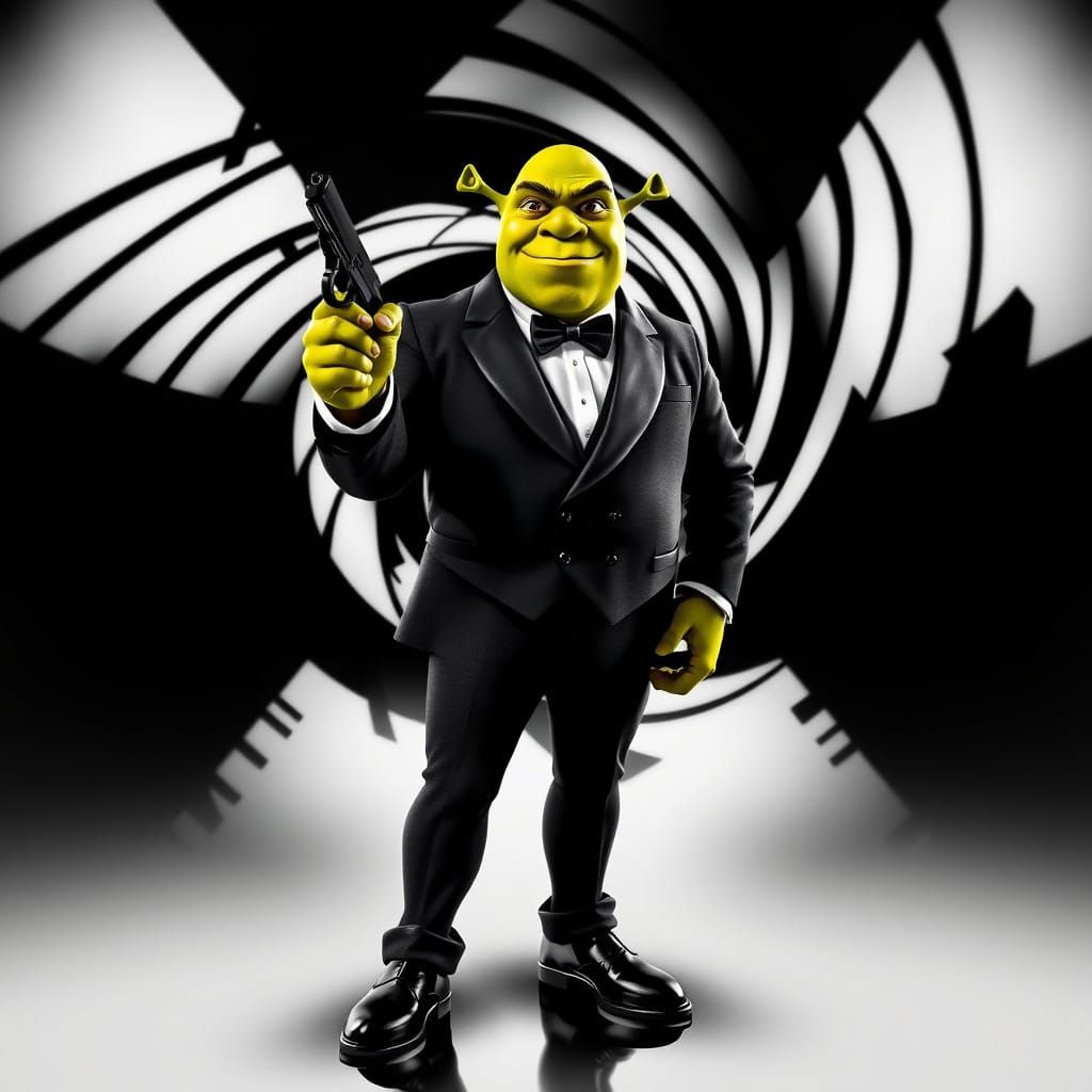 Shrek in Futuristic James Bond-Inspired Tuxedo Pose
