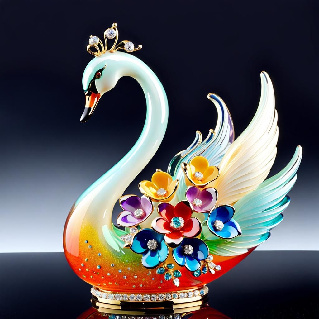 Enameled Glass Swan Figurine: Opalescent Fantasy Art