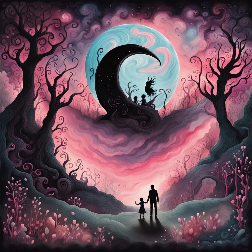 Enchanted Realm: Hand-Painted Creature with Child