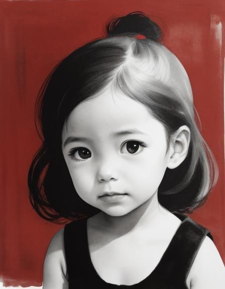 Minimalist Watercolor Portrait of Toddler in Red and Black
