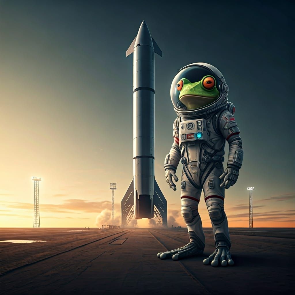 Frog Astronaut Stands Proudly by Starship Rocket