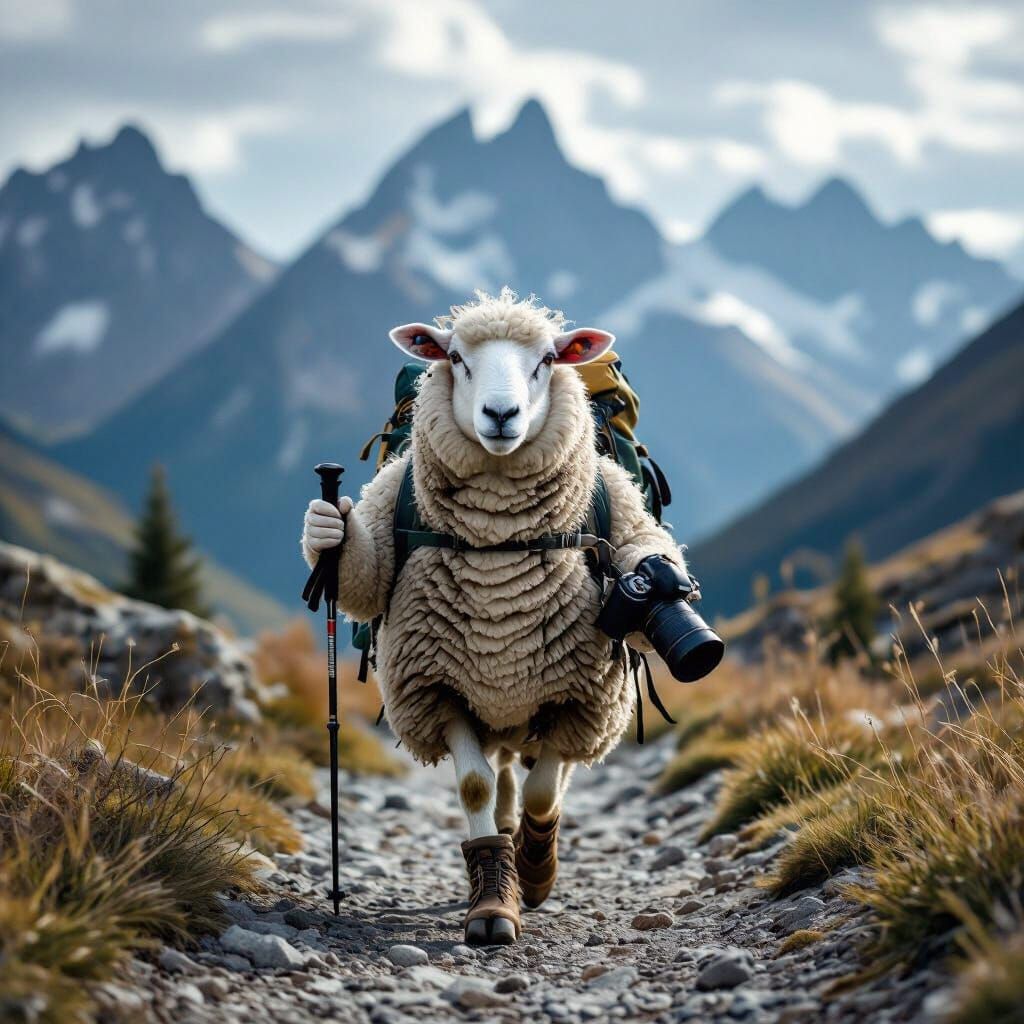 Anthropomorphic Sheep Hiker with Camera on Mountain Path