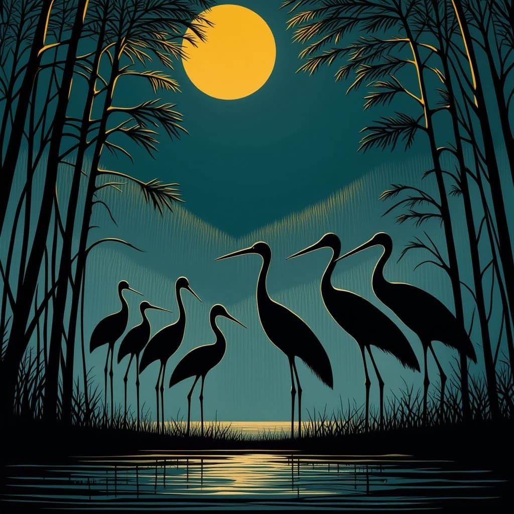 Cranes in Soft Evening Light on Reed-Covered Lake Shore