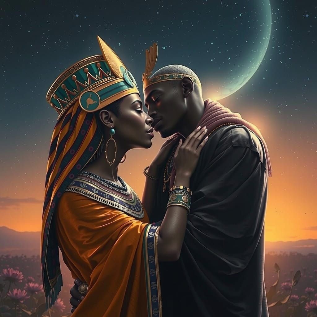 Regal Ancient Egyptian Goddess Isis Kisses Her Husband Osiri...