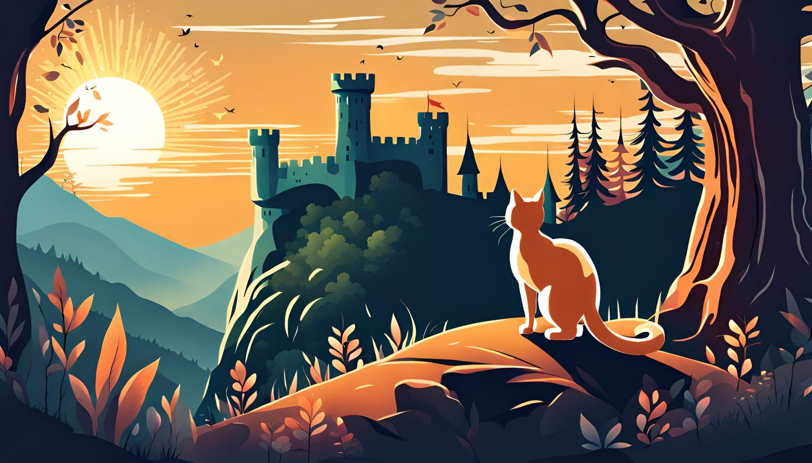 Cat Gazing at Castle Through Magical Forest