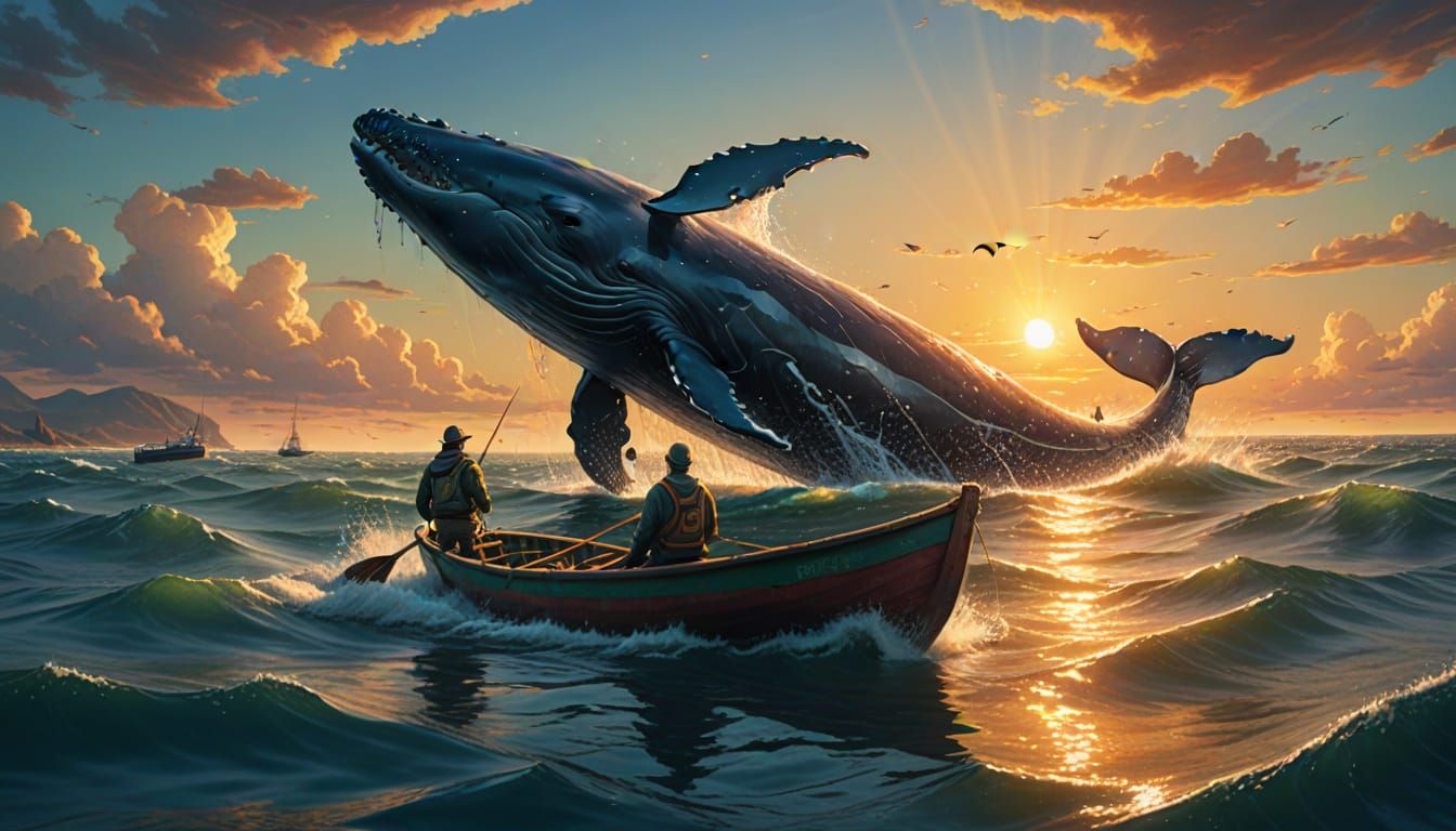 Fisherman's Stupefaction: Whale Encounter in Golden Hour