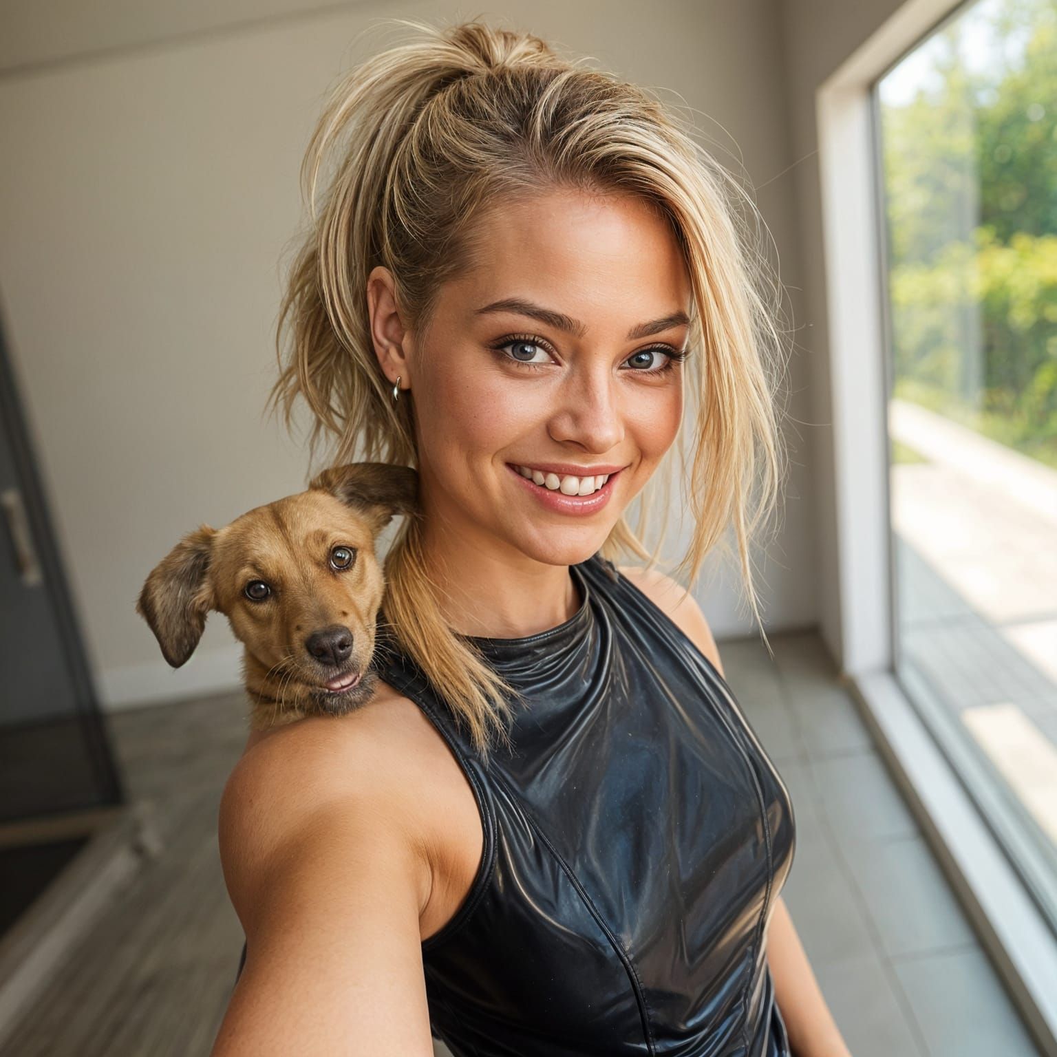 Blonde Woman in Latex Dress with Cute Dog