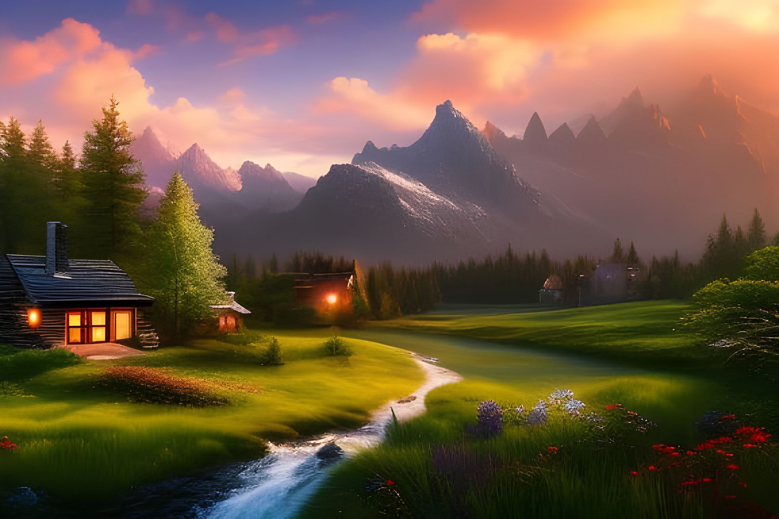 Cozy Cottage Landscape Painting in Detailed Matte Style