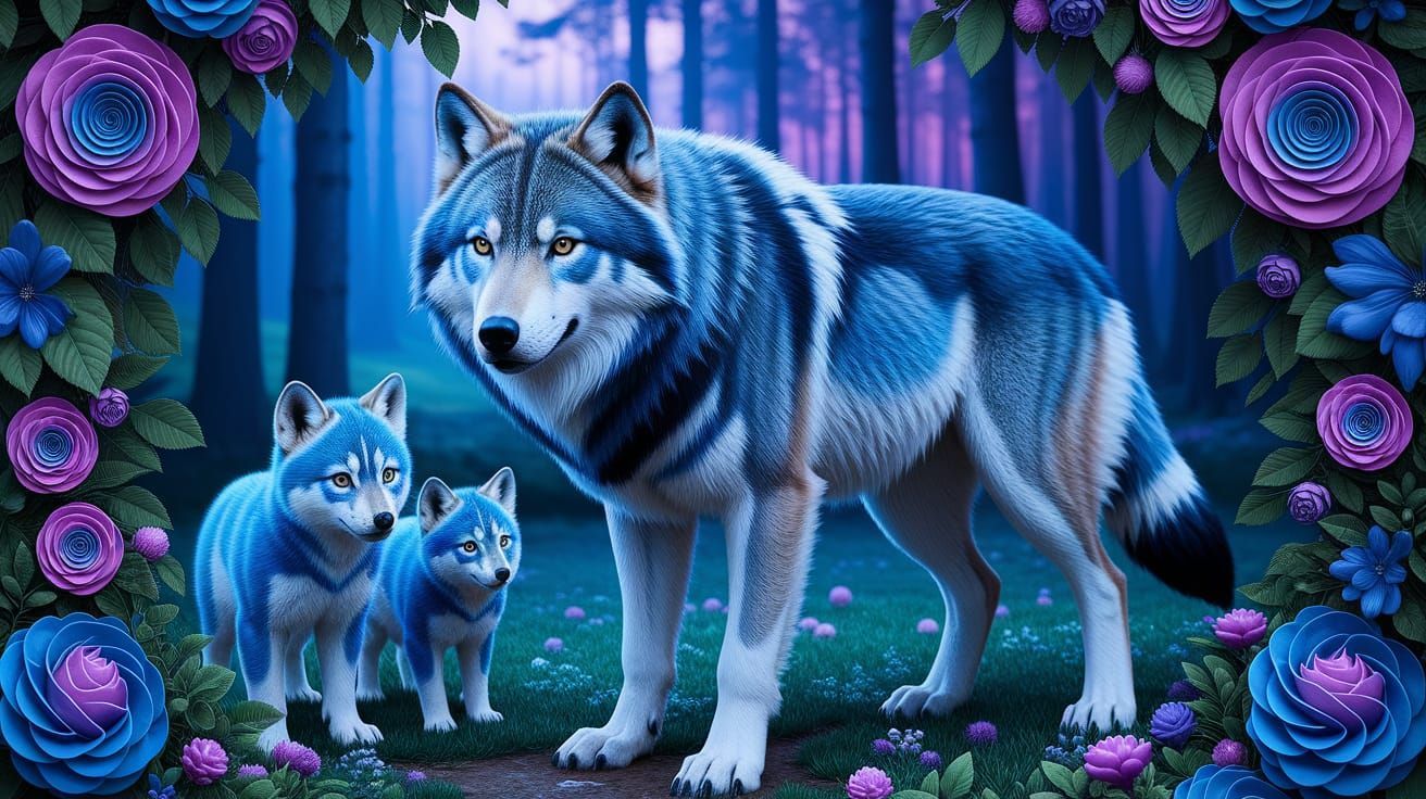 Magical Forest Wolf and Cubs in Thick Impasto Painting