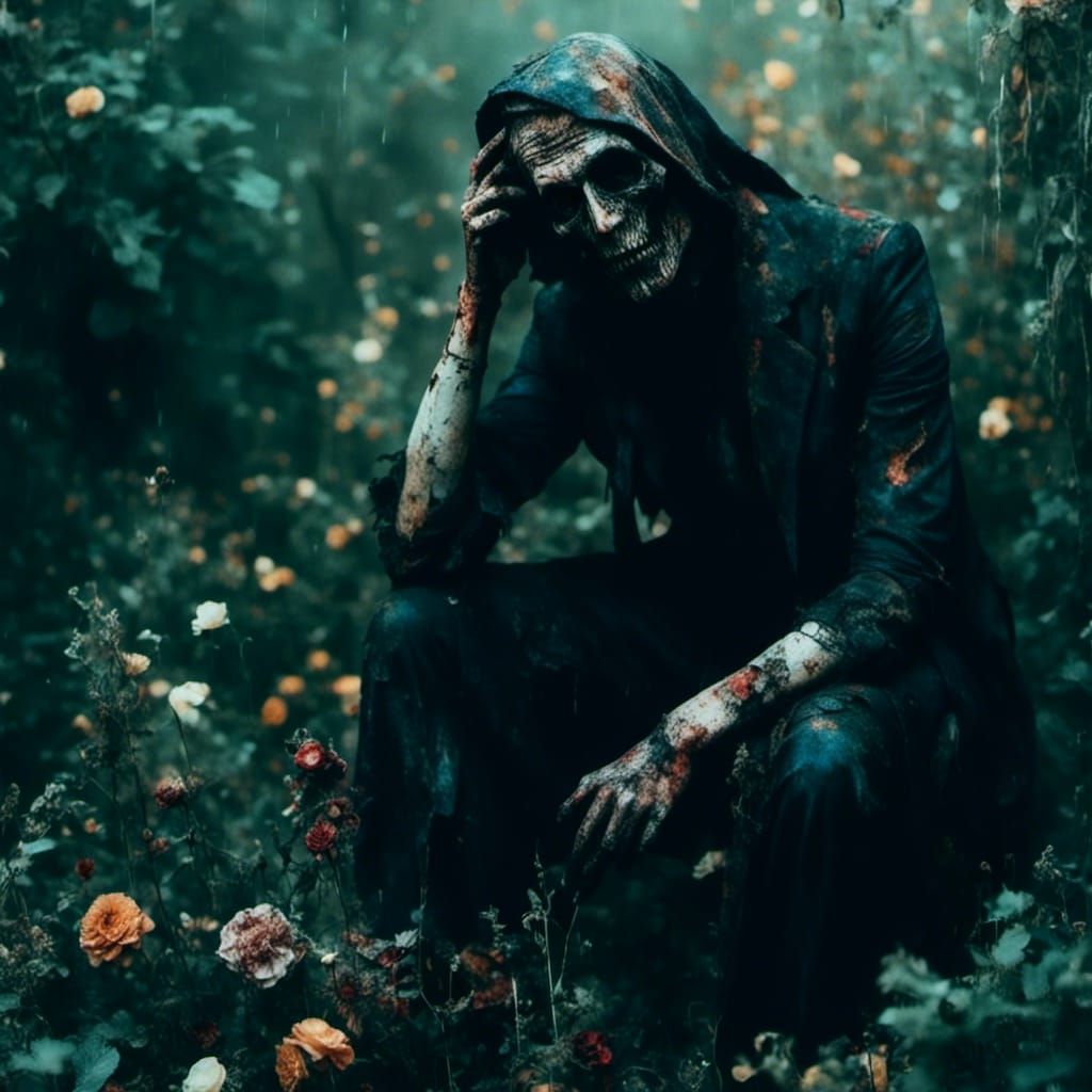 Hyperreal Macabre Garden with Dark Figure