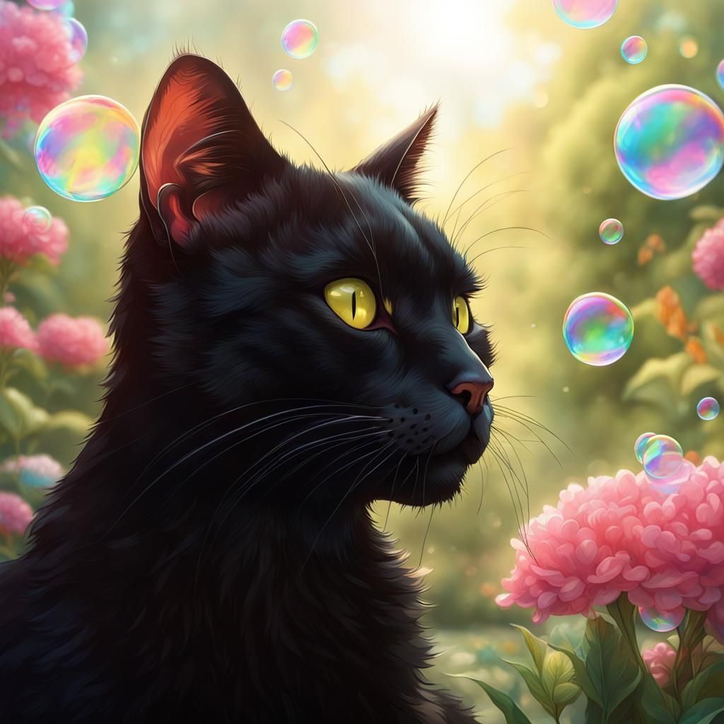 Black Cat Reaching for Soap Bubbles: Hyperdetailed Portrait