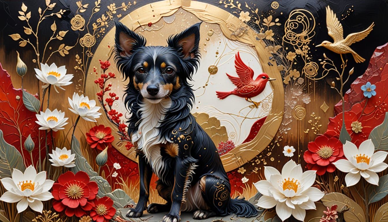 Surreal Dog and Duckling Dreamscape in Mixed Media