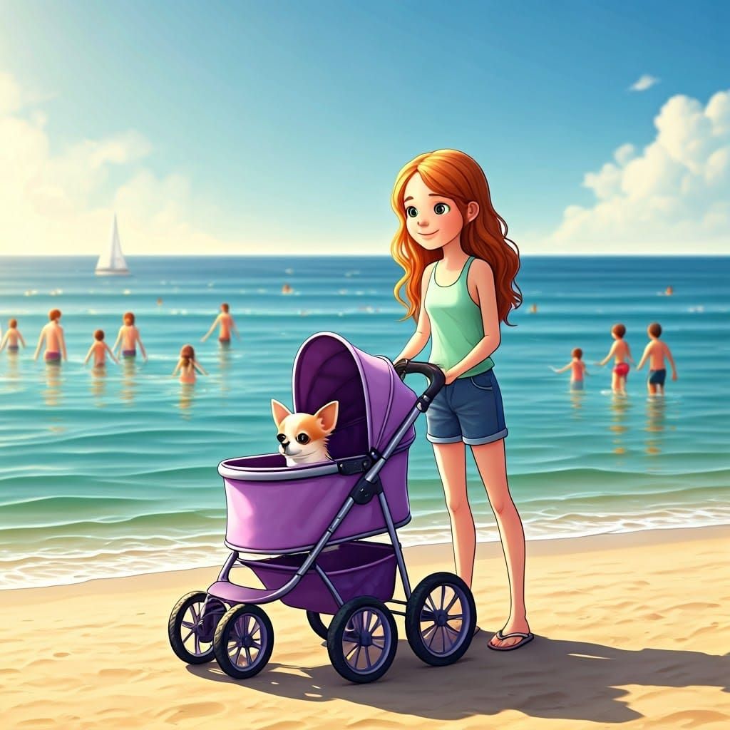 Girl Pushing Chihuahua in Stroller at Beach