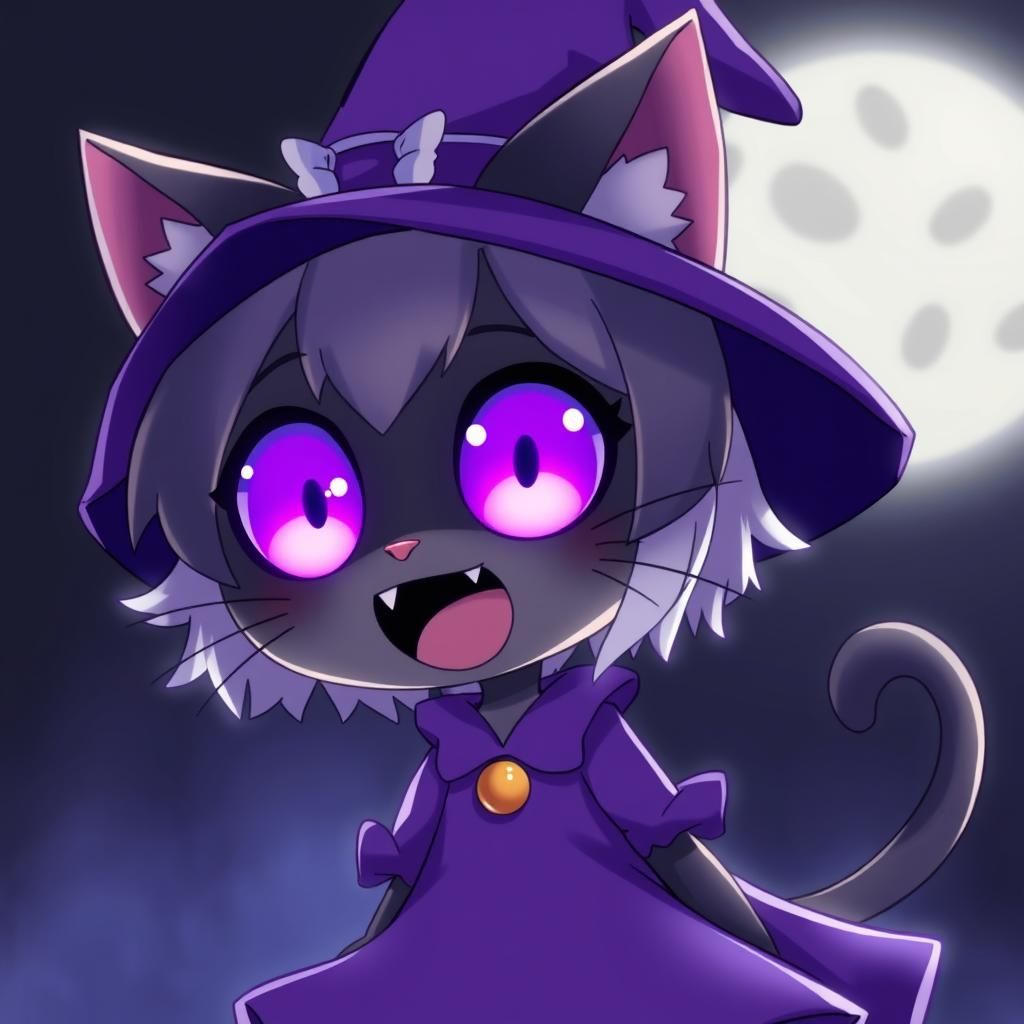 Anime Catgirl with Purple Eyes in Witch Dress