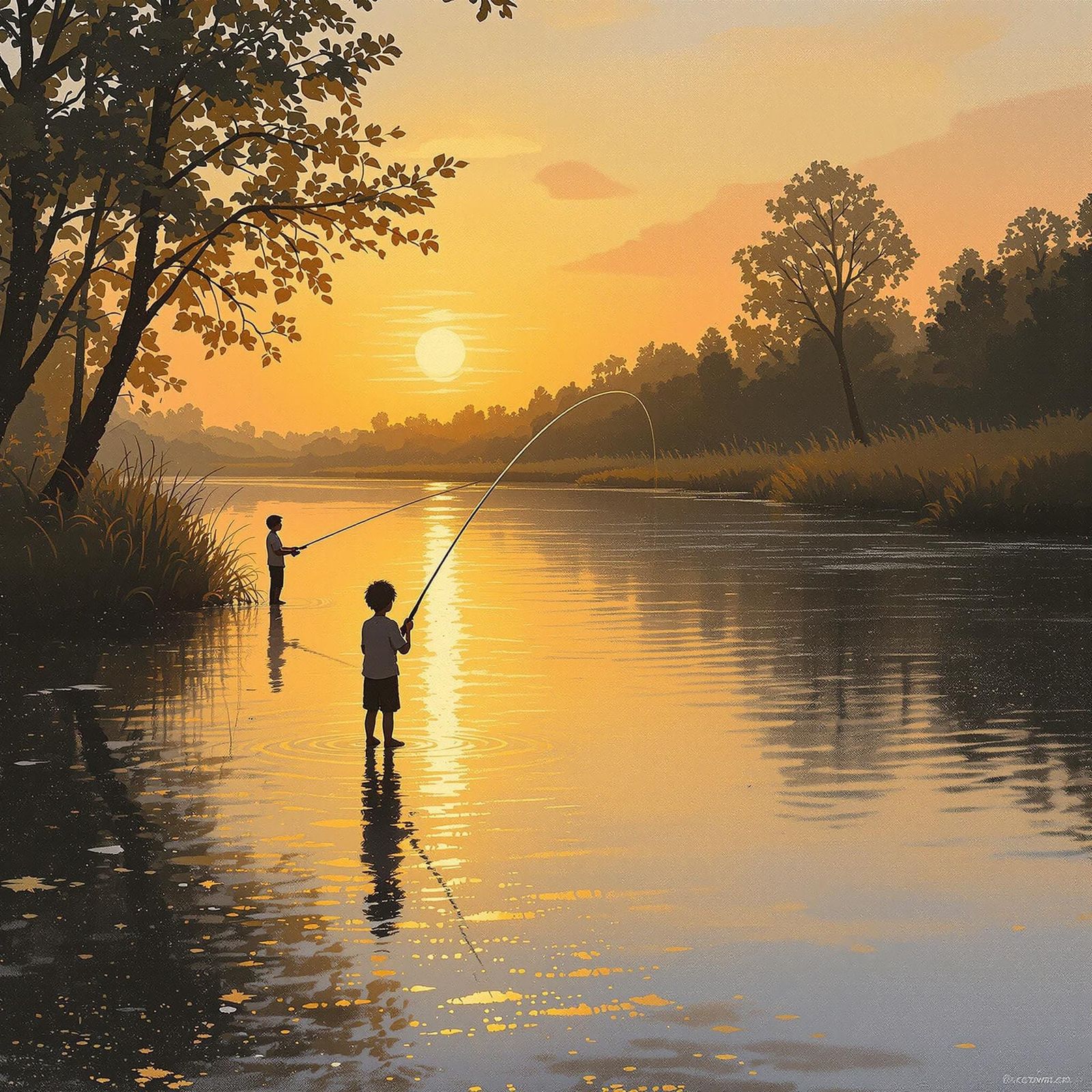 Impressionist Sunrise Fishing Scene with Child and Parent