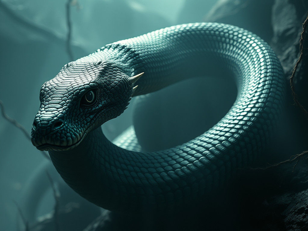 Mystical Serpent in Eerie Environment, Hyperrealistic Detail