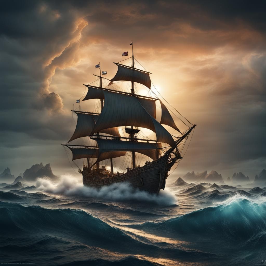 Majestic Brigantine Sailing on the Ocean