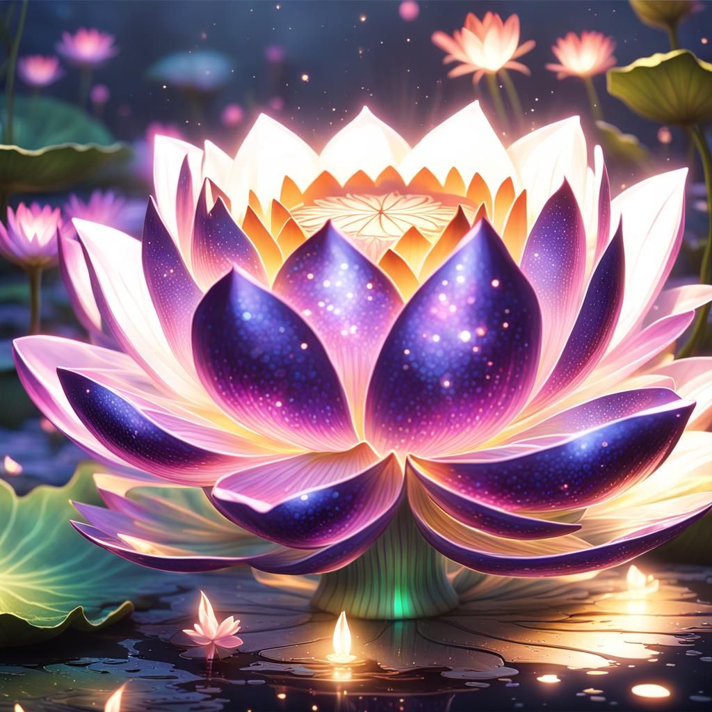 Glowing Magic Lotus Blossoms at Night