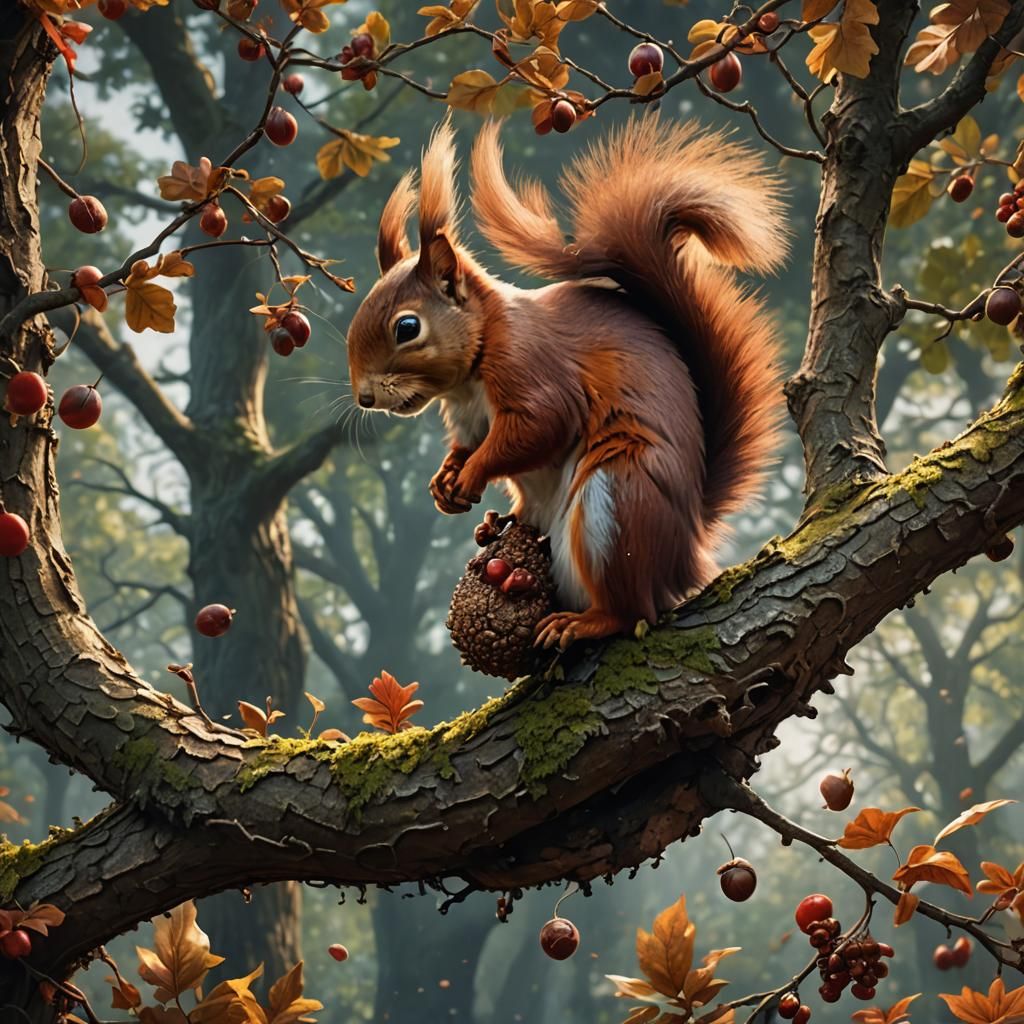 Red Squirrel Enjoying Acorn: Detailed Matte Painting