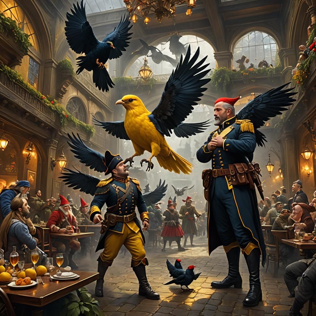 Cuckoo Bird Wrestles Crow in Restaurant, Digital Painting